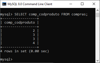 Tela do MySQL após o comando SELECT para determinar os códigos dos produtos vendidos.