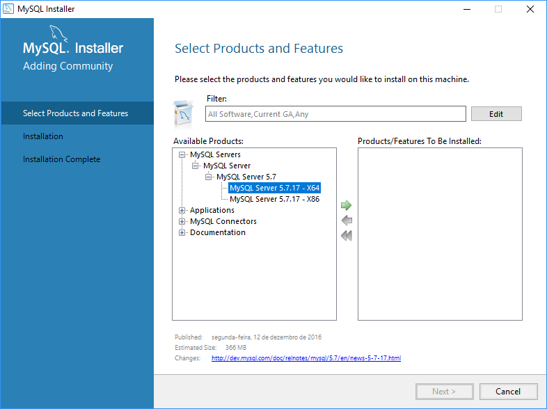 Instalação do MySQL Server.