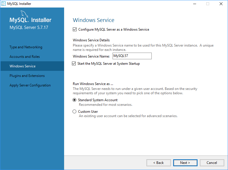 Configuração do MySQL Server após a instalação.