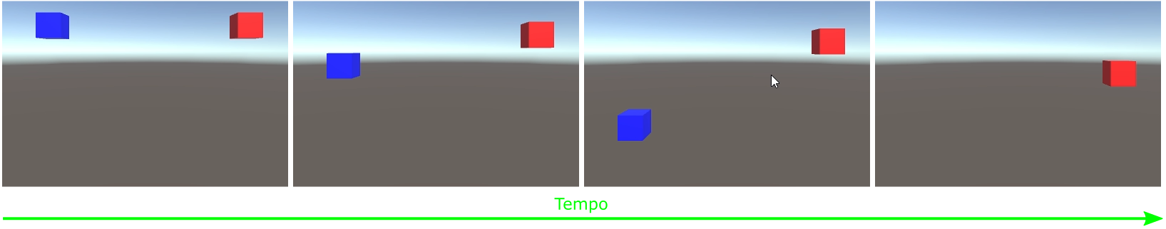 Objetos em queda com o Drag=0 para o Azul e Drag=10 para o Vermelho.