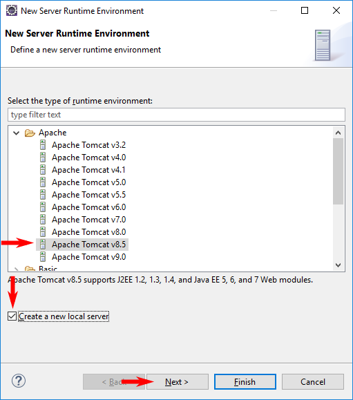  Selecionar a versão do <span class='italico'>Tomcat</span> utilizada e a opção “<span class='italico'>Create a new local server</span>”