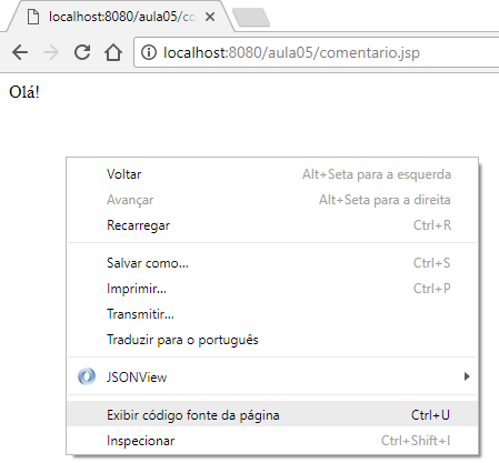 Página de Olá com comentários HTML e JSP