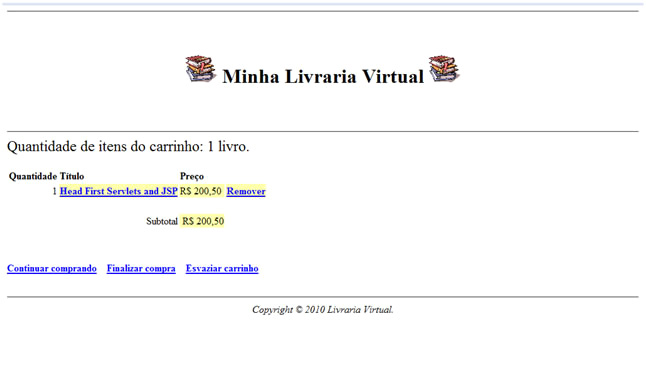 Tela de visualização do conteúdo do carrinho de compras