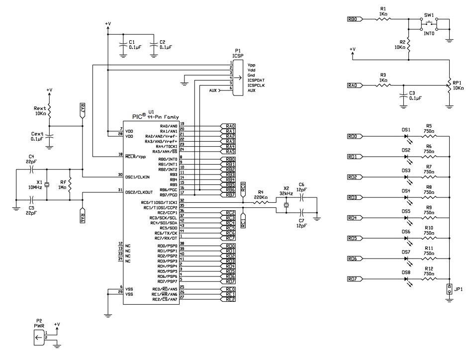 Esquemático da placa de demonstração ("44-Pin Demo Board").