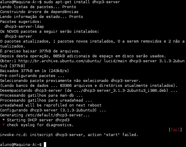 Instalando o servidor DHCP através do comando apt-get install.