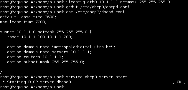 Configurando e iniciando o servidor DHCP para alocação dinâmica.
