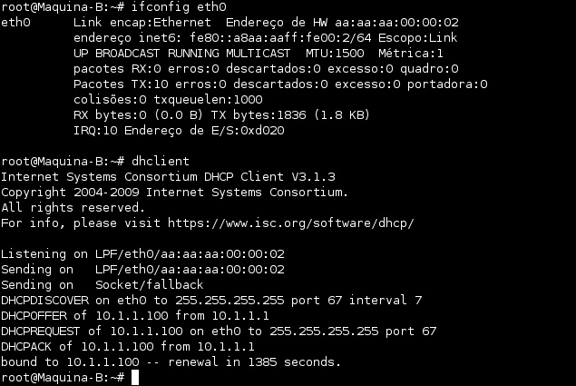 Rodando o software DHCP cliente na máquina B.