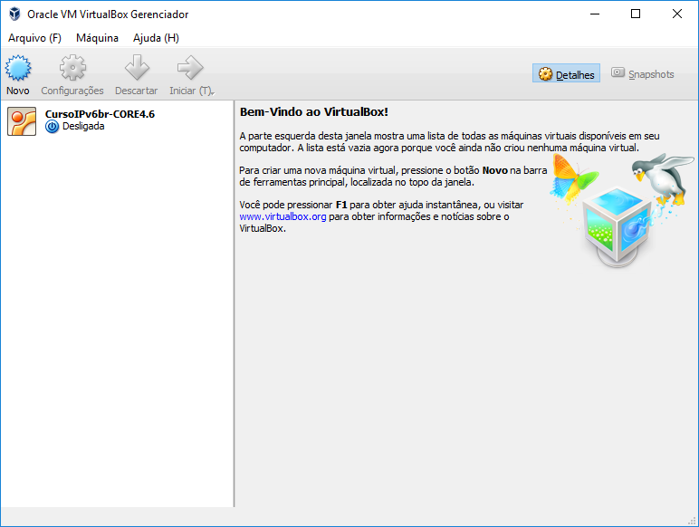VirtualBox ao finalizar a importação da Máquina Virtual do NIC.Br.