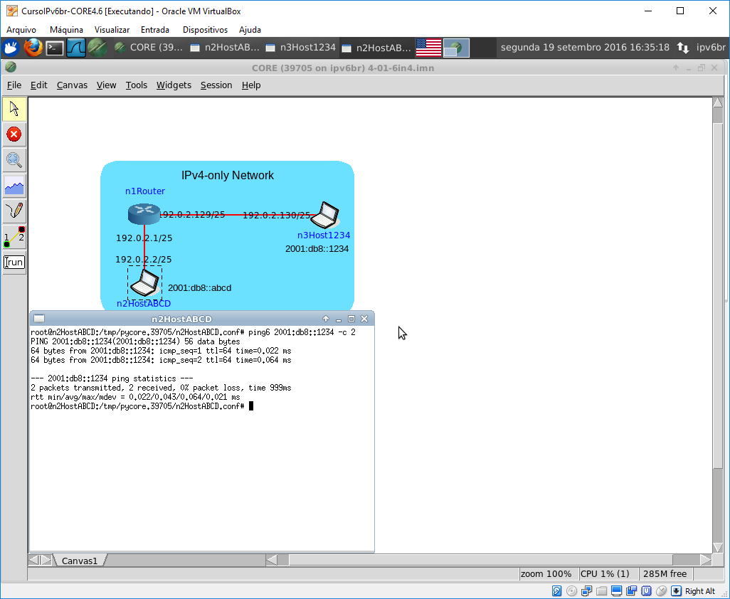 Teste de conectividade IPv6 entre n2HostABCD e n3Host1234.