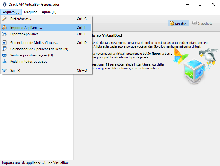Menu Arquivo do VirtualBox.