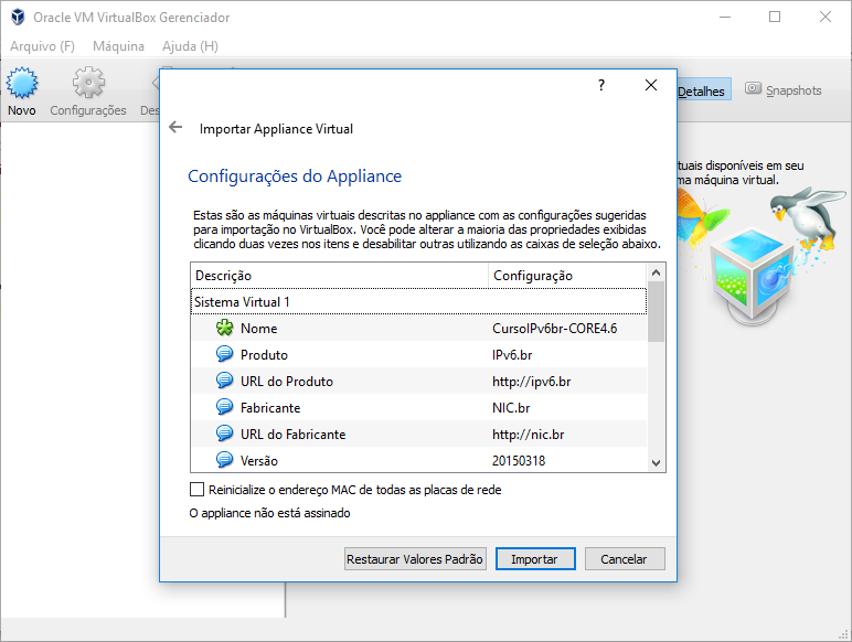 Resumo das configurações de hardware.